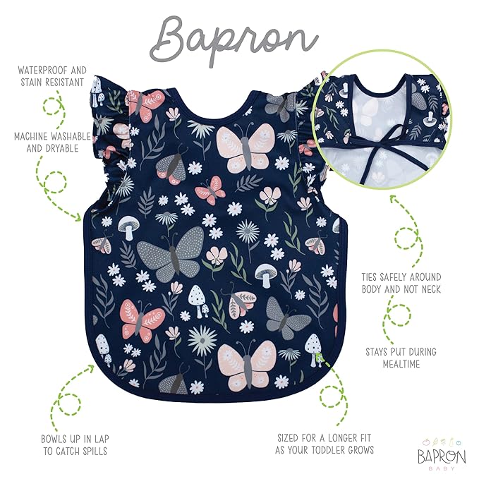 BapronBaby Flutter Butterfly Garden Bapron - No Neck Tie Safer Bib for Baby & Toddler - Soft Waterproof Stain Resistant - Machine Washable - Sz Baby/Toddler 6m-3T