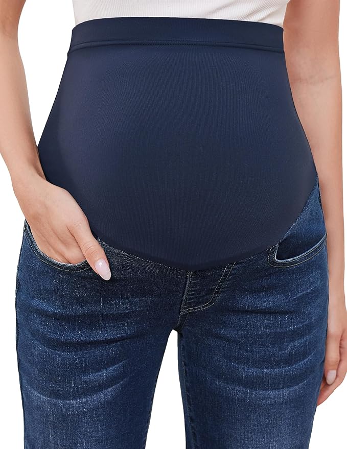 GLAMIX Women's Stretch Maternity Bootcut Jeans with Pockets Over The Belly Bell Bottoms Flare Denim Pants Pregnancy Clothes