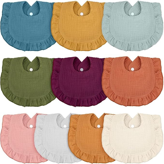 Seematn 10 Pcs Baby Muslin Bibs Drool Bibs Bandana Ruffle Soft Cotton for Newborn Baby Infants Girl Teething Toddlers Boy(Classic Colors)