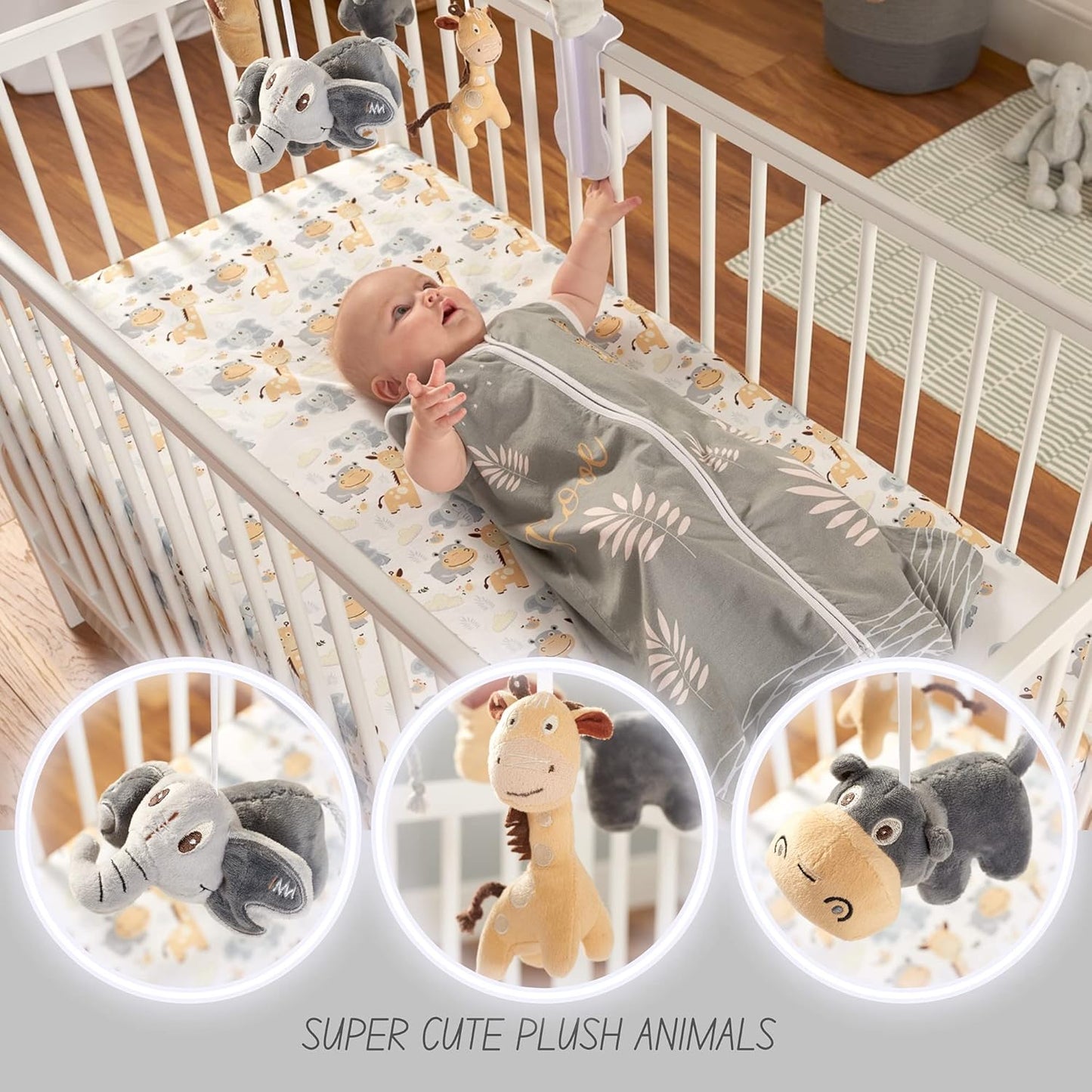 Musical Baby Crib Mobile - Jungle Animal Safari Theme Baby Mobile for Crib, Baby Soother, Baby Toys, Crib Toys Animals, Gray, Tan,