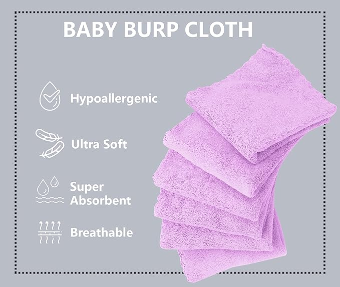8 Pack Burp Cloths for Baby - 20" by 10" Ultra Absorbent Burping Cloth, Newborn Towel - Milk Spit Up Rags - Burpy Cloths for Unisex, Boy, Girl - Burp Cloths Set (Purple)