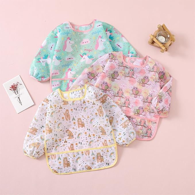 Long Sleeved Bibs, Pack of 5,Lightweight Waterproof Shirt Bibs for Baby Toddler 6-30 Months