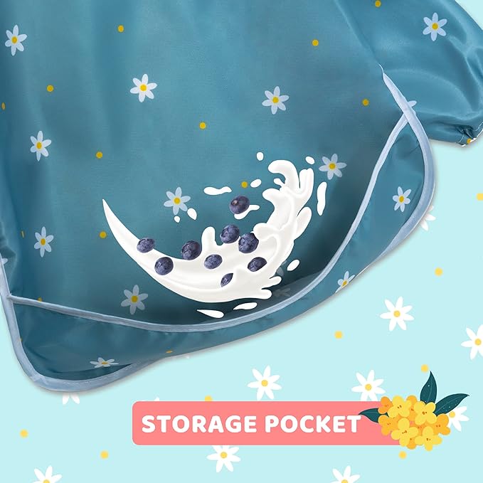 Little Dimsum Baby Bib with Pocket Waterproof Toddler Bibs Infant Feeding Bibs for Boys and Girls, Pack of 2 Colors