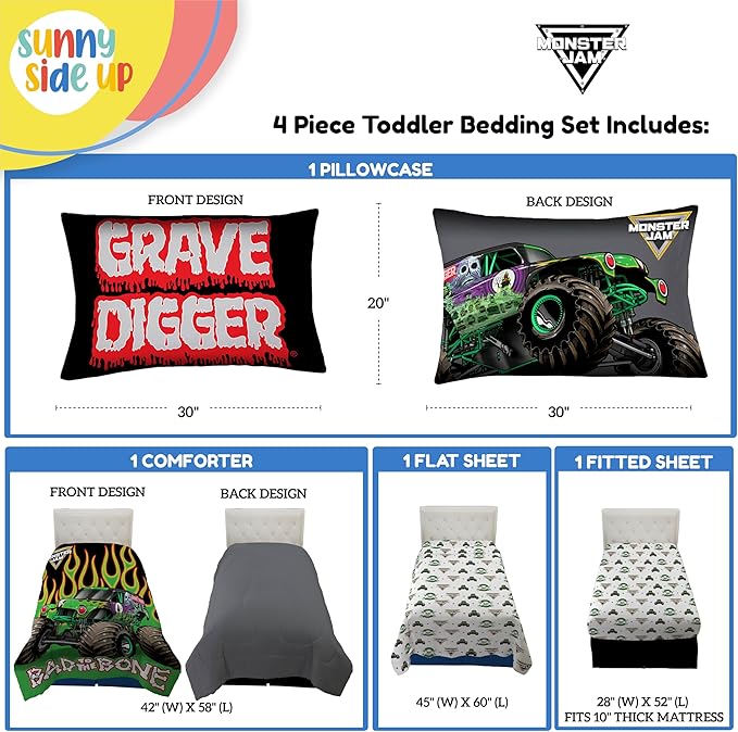 Sunny Side Up Monster Jam Toddler Comforter Set - 4 Piece Preschool Bedding Includes Comforter, Sheets & Pillow Cover - Super Soft Trucks Microfiber Bed Set