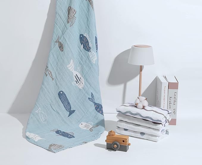 Muslin Baby Quilt 100% Cotton Newborn Blanket 47" X 47" 2 Layers Muslin Swaddle for Boy and Girl (Ocean Series)
