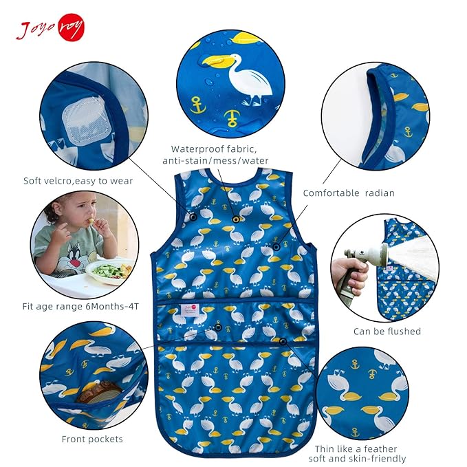 Joyo roy Mess Proof Baby Bibs for Eating Waterproof Toddler Bibs for Boys 2-4 Years Soft Machine Washable Sleeveless Baby Smock Bib Travel Reusable Led Weaning Apron for Feeding Bib with Food Catcher