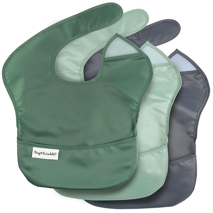 Tiny Twinkle Mess Proof Baby Bibs for Eating – Waterproof, Wipeable Toddler Bibs with Pocket – Baby Food Bibs for Girls & Boys(3 Pack,Olive. Slate)