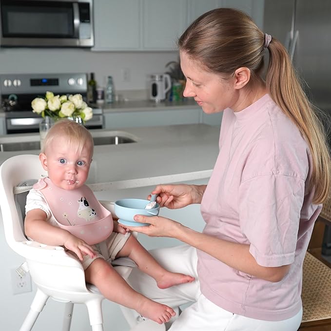 Silicone Baby Bibs Unisex, Self-Feeding, Catch-all Large Pocket, 6-48 months, BPA-Phthalate Free, w/Travel Case