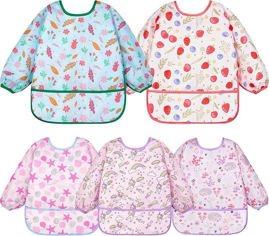 Lictin Long Sleeve Bibs 5 Pack - Baby Bibs, Waterproof Toddler Bibs, Baby Smock for Eating, Baby Bibs for Feeding Teething