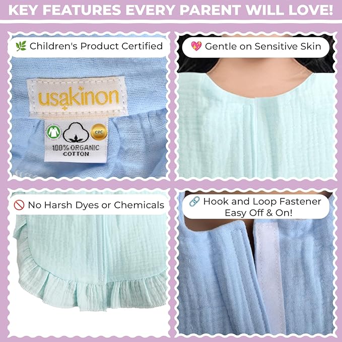 usakinon® 100% Organic Muslin Cotton Baby Bibs 2 Pack – Soft, Absorbent & Safe Newborn Essentials, CPC Certified