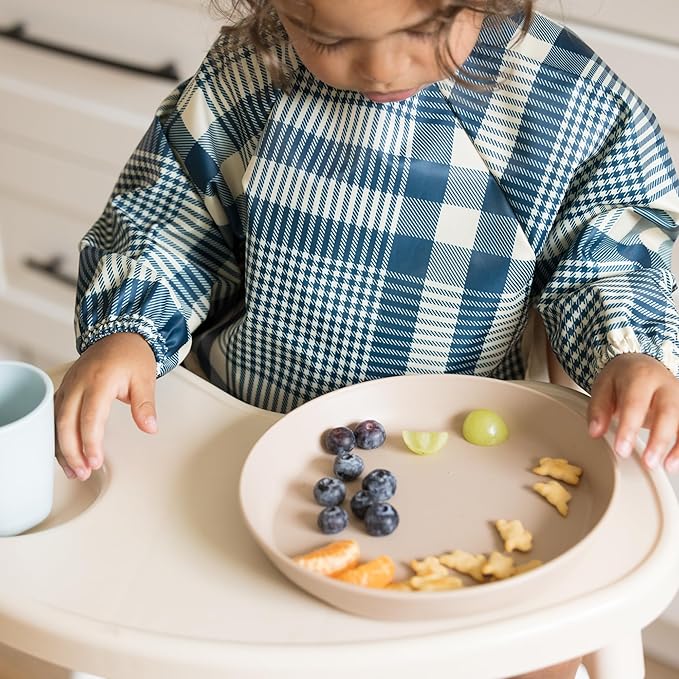 Tiny Twinkle Long Sleeve Bibs for Babies & Toddlers – 2 Pack Waterproof Smock Bibs for Eating – Machine Washable & Mess-Proof, Baby Feeding Essential & Shower Must-Have (Gingham Grid, 6-24M)