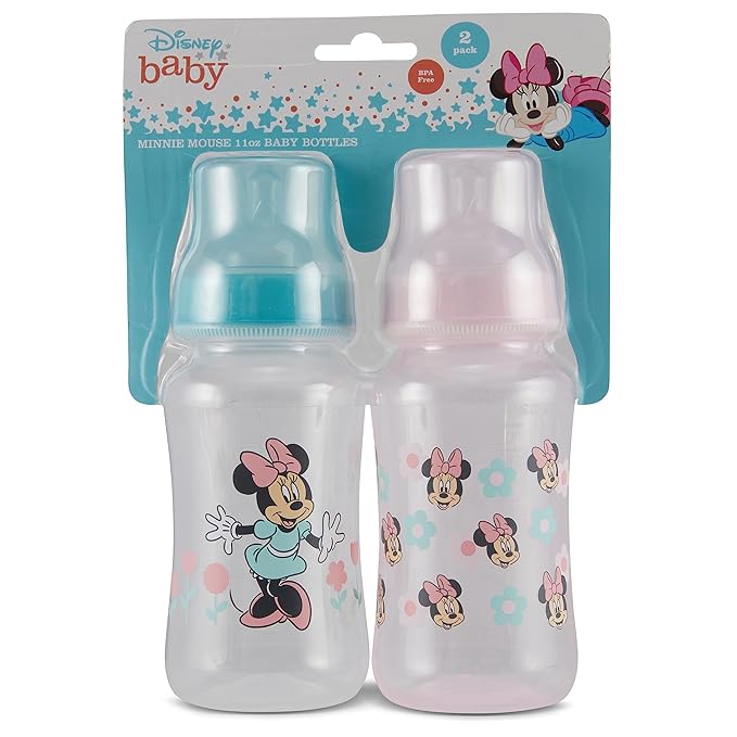 Disney Minnie Mouse Baby Bottles 11 oz for Boys or Girls | 2 Pack of Infant Hourglass Shaped Bottles with Cover for Newborns and All Babies | BPA-Free Plastic Baby Bottle for Baby Shower