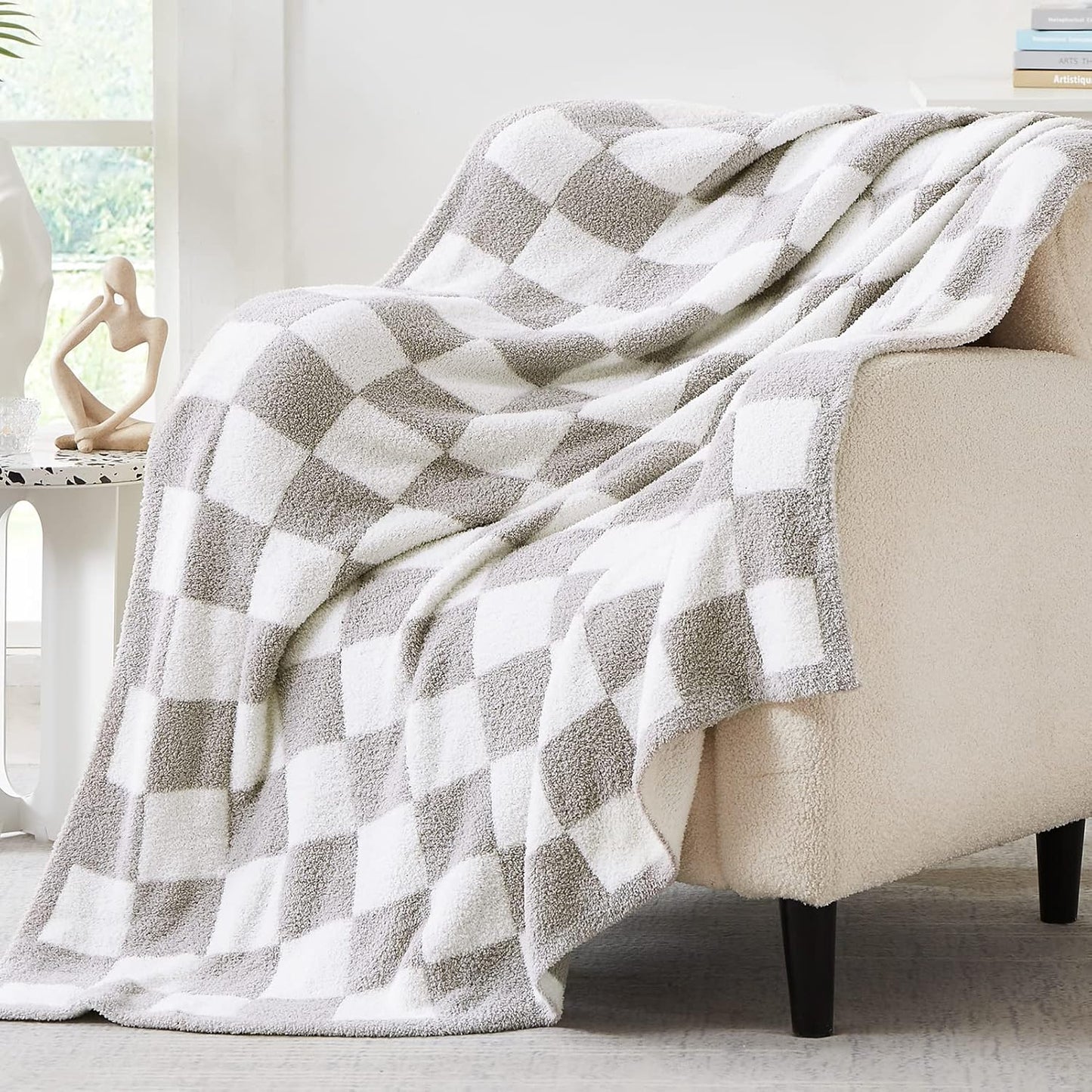 WRENSONGE Checkered Throw Blanket, Light Grey Soft Cozy Fluffy Warm Hand Made Throw Blankets for Couch, Sofa, Chair, Bed, Camping, Picnic, Travel Lightweight Bed Blanket - 60 * 80