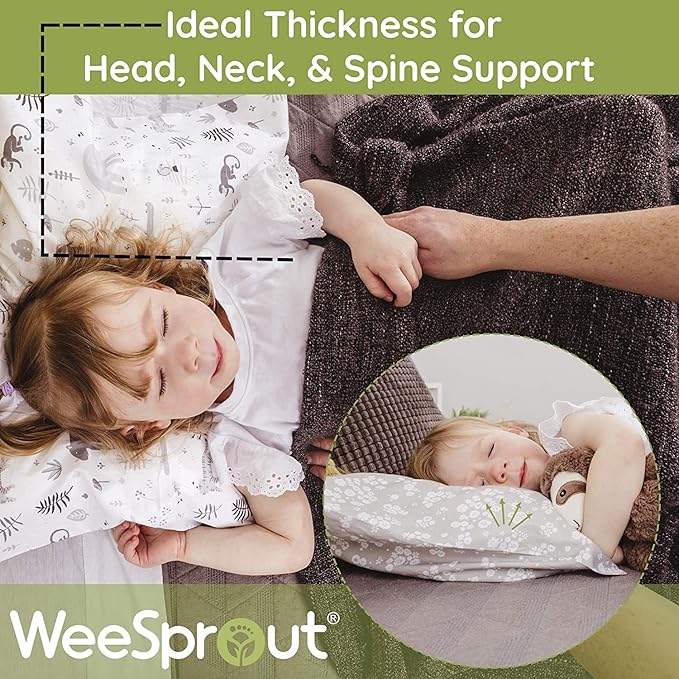 WeeSprout Toddler Polyester Organic Cotton Shell and Pillowcases, Small Kids Pillow, Soft and Supportive Polyfiber Filling, Machine Washable, 18 x 13 x 3 (White + Safari Print, 3 Piece Set)