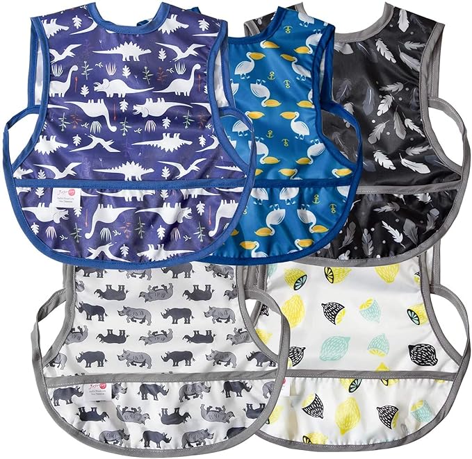 Joyo roy Mess Proof Baby Bibs 6-12 Months Waterproof Toddler Baby Boy Bibs for Eating Machine Washable Sleeveless Smock Bib Travel Reusable Led Weaning Apron for Feeding Bib with Food Catcher