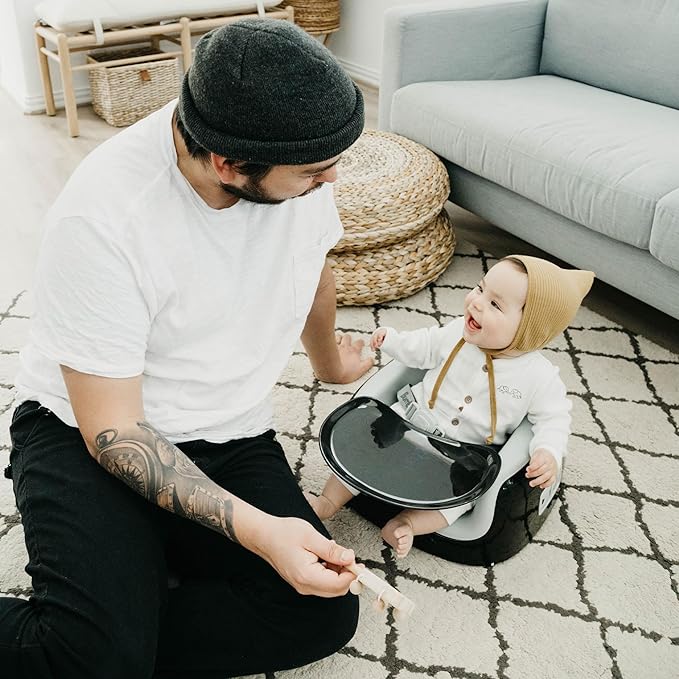 Bumbo 3-in-1 Multi-Seat for 6 to 36 Months, Travel Baby Feeding & Play Floor Seat, All-in-One Portable Booster with Tray & Toddler High Chair, Black/Cool Grey