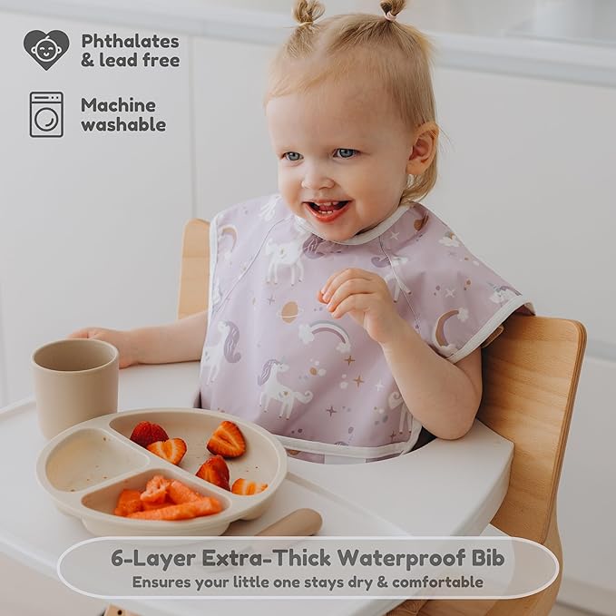 6-Layer Waterproof Baby Bib, Reversible, Adjustable, Washable, Stain Oil Resistant, 6-36 Months, 2-Pack, food bib