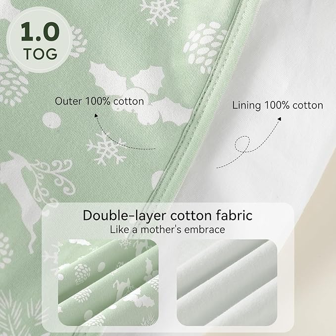 Baby Sleep Sack 18-24 Months 1.0 Tog Baby Wearable Blanket 100% Cotton Sleeping Sack with 2-Way Zipper for Toddler Infant Green Tree