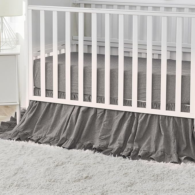 Brandream Crib Bedding Set for Baby Boys 100% Cotton Gender Neutral Boho Bohemian Farmhouse Chic Ruffle 6-Piece Nursery Bedding Set Grey