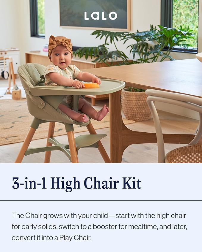 Lalo The 3-in-1 High Chair Kit - Convertible Wooden High Chair for Babies & Toddlers with Infant Support, Cushion, Booster Conversion Kit & Play Legs, Adjustable Footrest - Blueberry