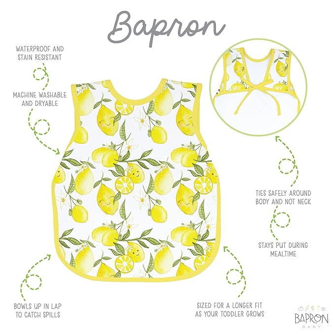 BapronBaby Fresh Lemon Bapron - No Neck Tie Safer Bib for Baby & Toddler - Soft Waterproof Stain Resistant - Machine Washable - Sz Baby/Toddler 6m-3T