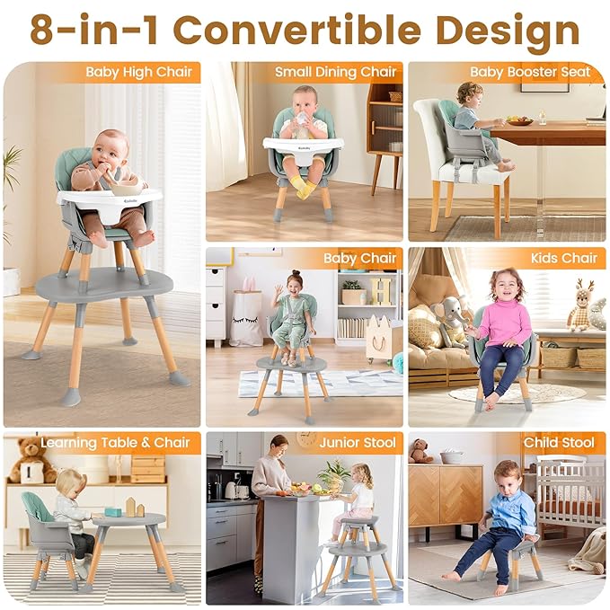 Ezebaby Convertible Baby High Chair with Table & Seat, 8-in-1 Adjustable Toddler Feeding Chair, Multi-Stage Infant to Kid Dining Booster Seat with Safety Harness, Easy to Clean & Sturdy Design(Green)