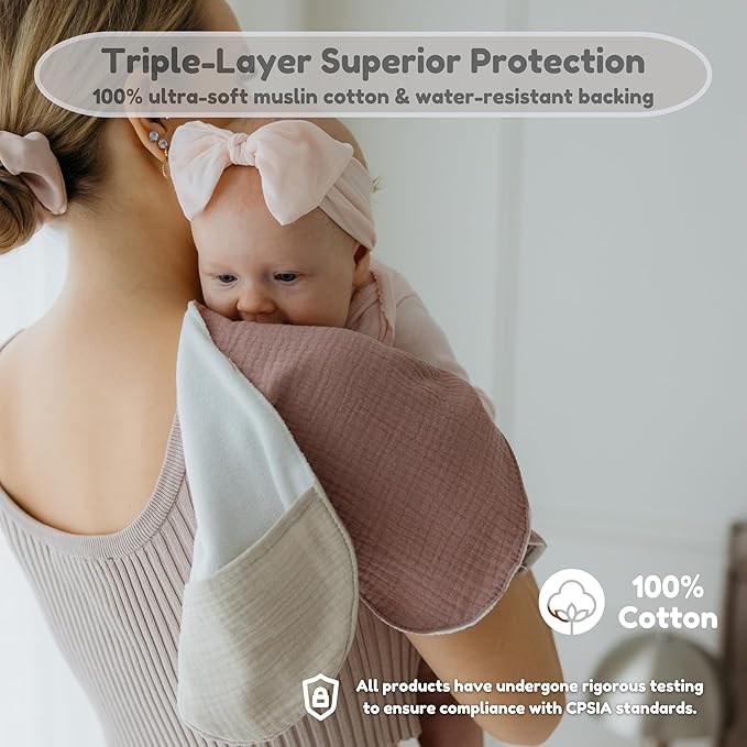 Butterfly Cotton Muslin Burp Cloths 3-Layer, Extra-Large 26”x12” Water-Resistant Multi-Use Burp Cloth Convertible to Bib, 2 Pack, Soft & Absorbent (Pack of 2, Clay & Terra/Rose & Mist)