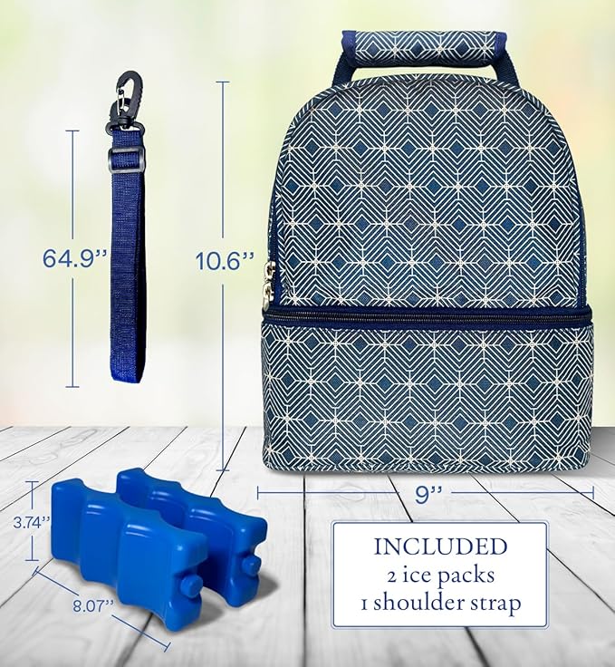 Insulated Breast Milk Cooler Bag – Fits 6 Bottles -Inclueds 2 Ice Packs – Dual Zipper Compartments - Detachable Strap - 9.4"x6.7"x10.6" – Blue Geometric Design - Portable & Durable
