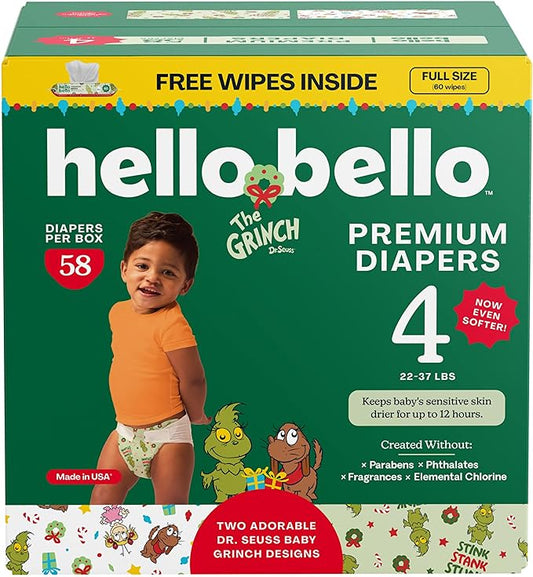 Hello Bello Dr. Seuss Baby Grinch Premium Diapers, Size 4 (22-37 lbs), 58ct Plus Bonus Wipes: Softness & Protection for Sensitive Skin