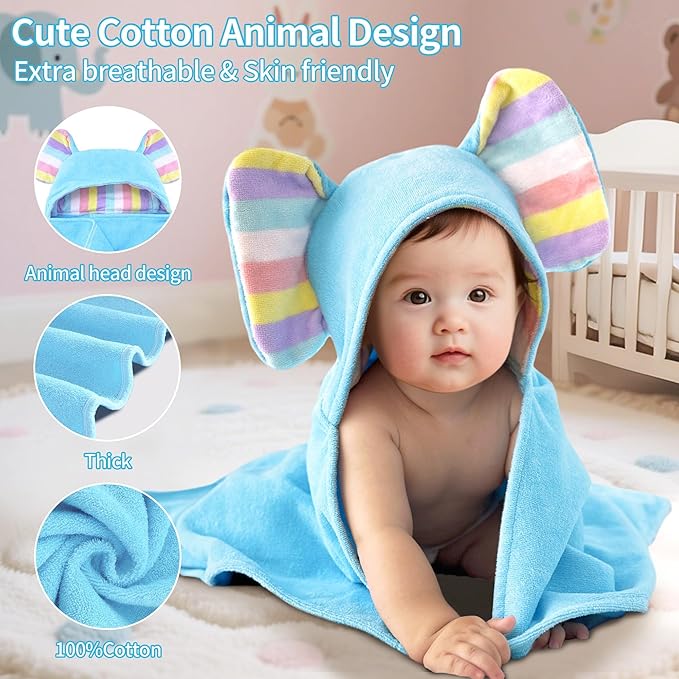 Thick Baby Hooded Bath Towel - 100% Cotton,500GSM, 33x31.5 Inches,0-2Years, Super Absorbent Large Towel with Cute Elephant Ears Hood for Newborn,Toddler,infant,Baby Essentials,Light Blue