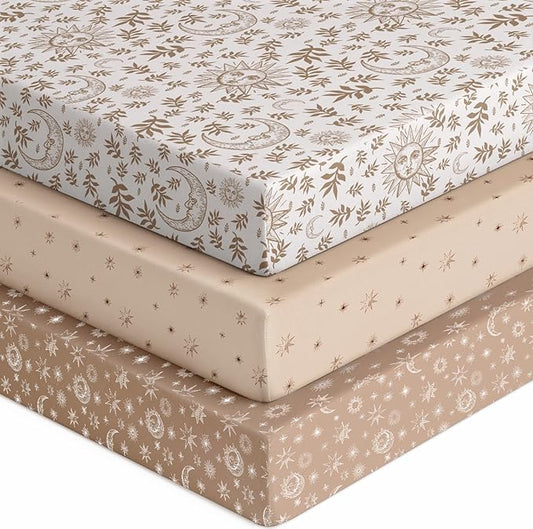 Baby Crib Sheets for Boys Girls, 28x52x8in Fitted Crib Sheet Neutral 3 Pack for Standard Crib and Toddler Mattress, Breathable Soft Microfiber Baby Sheet White Brown Sun God