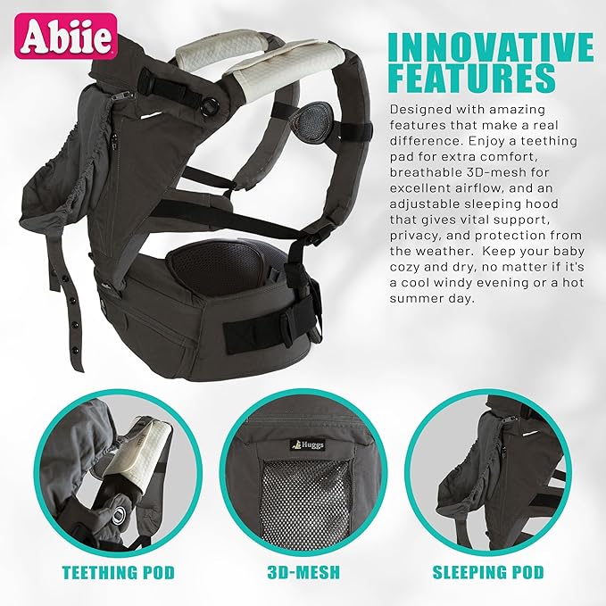 Abiie HUGGS 3-in-1 Baby Carrier w/Hip Seat - Front Facing, Hip Hugger, Back Baby Carrier - Healthy Sitting (M) Position, 3 Mos.-Toddler - Buckle Type Closure - Approved by US Safety Standards - Gray