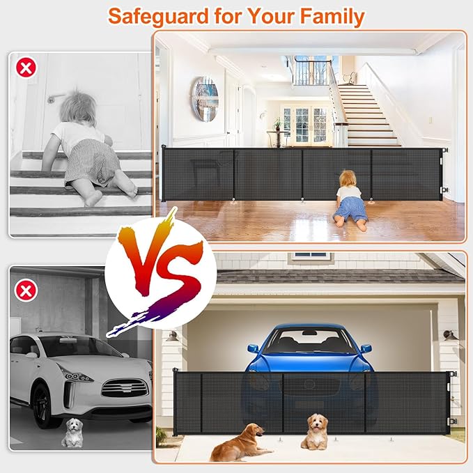 Upgrade 180 inch Retractable Baby Gates, EZIGO Extra Wide Baby Gate for Large Opening Extra Long Mesh Gate for Kids or Pet Dog Gate Child Safety Gate for Stairs Hallways Doorway Indoor Outdoor, Black