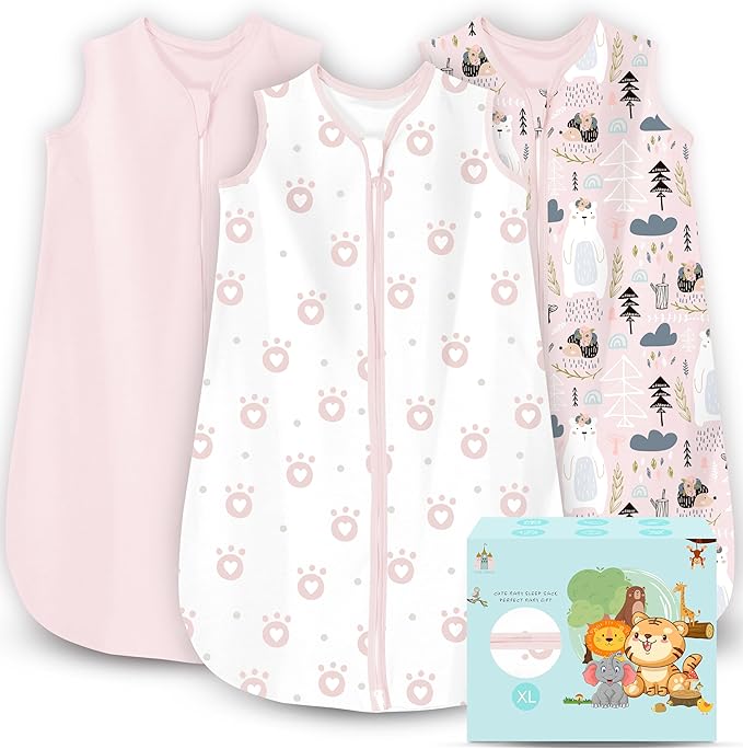 Cute Castle Baby Sleep Sack 18-24 Months - Lightweight 100% Cotton 2-Way Zipper TOG 0.5 Infant Wearable Blanket, Newborn Essentials Toddler Sleep Clothes, 3 Pack(Pink, Bear, Bear Claw)