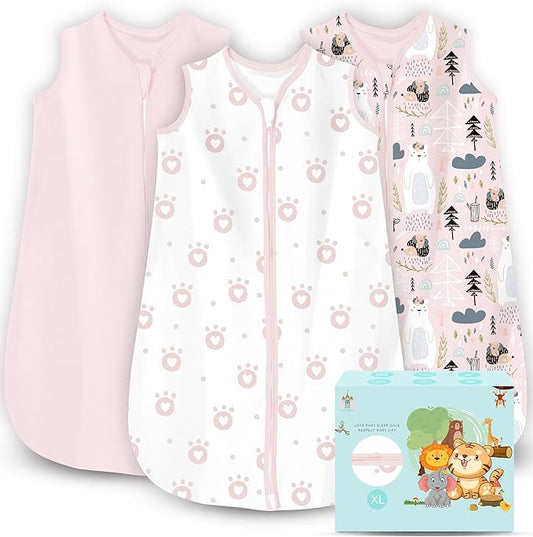 Cute Castle Baby Sleep Sack 18-24 Months - Lightweight 100% Cotton 2-Way Zipper TOG 0.5 Infant Wearable Blanket, Newborn Essentials Toddler Sleep Clothes, 3 Pack(Pink, Bear, Bear Claw)
