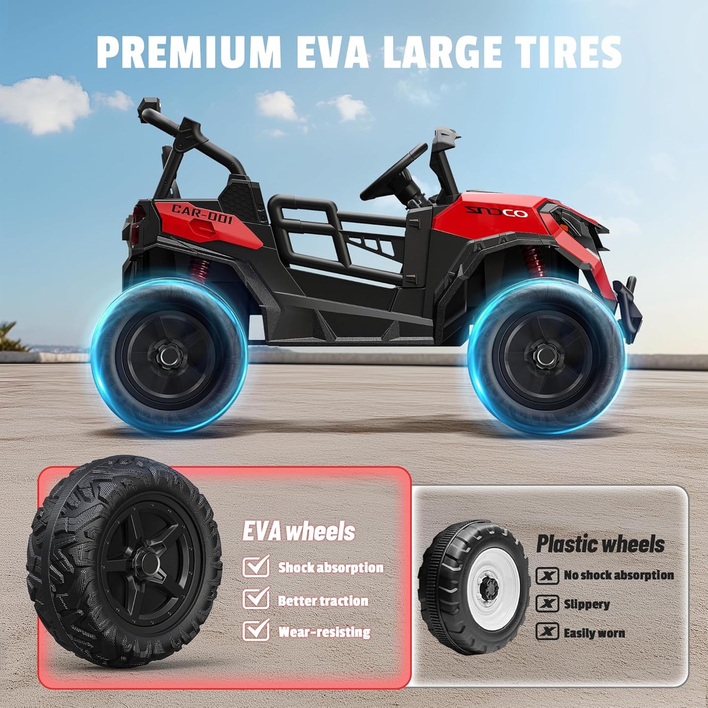 24V 2 Seater Ride on Car Truck, 4x200W, EVA Tires, 4WD/2WD, Rainbow Lights, Remote Control, Shock Absorbers, Bluetooth, Ride On UTV Toy for Kids Ages 3-8, Red