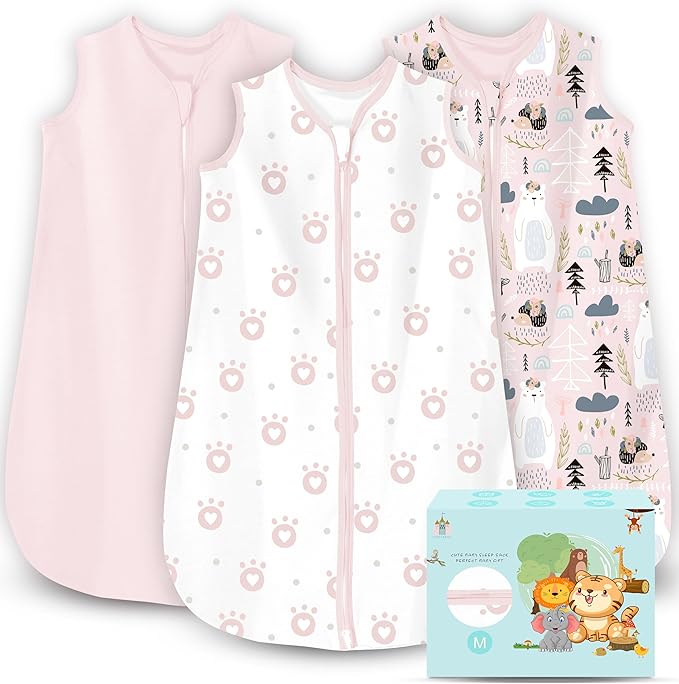Cute Castle Baby Sleep Sack 6-12 Months - Lightweight 100% Cotton 2-Way Zipper TOG 0.5 Infant Wearable Blanket, Newborn Essentials Toddler Sleep Clothes, 3 Pack(Pink, Bear, Bear Claw)