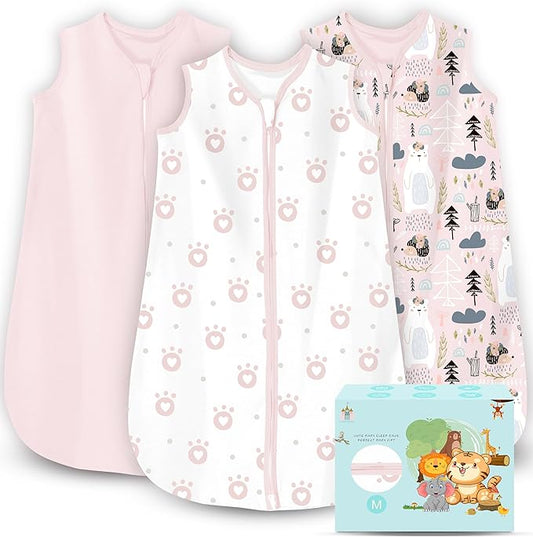 Cute Castle Baby Sleep Sack 6-12 Months - Lightweight 100% Cotton 2-Way Zipper TOG 0.5 Infant Wearable Blanket, Newborn Essentials Toddler Sleep Clothes, 3 Pack(Pink, Bear, Bear Claw)