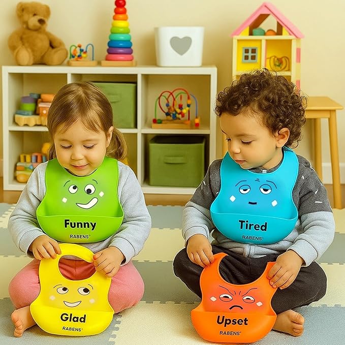 MY FIRST EMOTIONS Set of 4 Silicone Bibs for Babies and Toddler BPA Free Waterproof Adjustable Feeding Bib with Large Pocket Food Catcher Easier Mealtime
