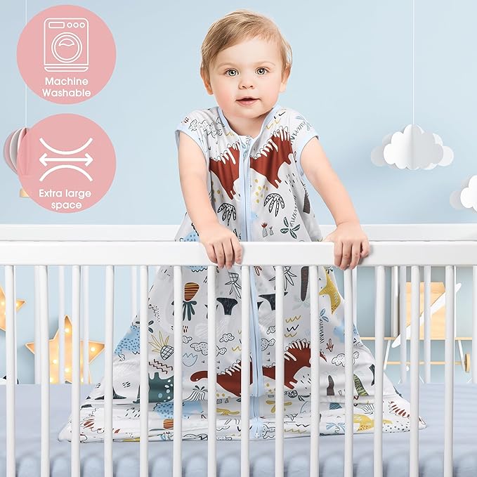 Baby Sleep Sack 18-24 Months 3 Pack Baby Wearable Blanket 100% Rayon Cotton 2-Way Zipper Toddler Sleeping Sack .Comfy Soft Lightweight TOG 0.3 (Elephant&Dinosaur&Hexagon,)