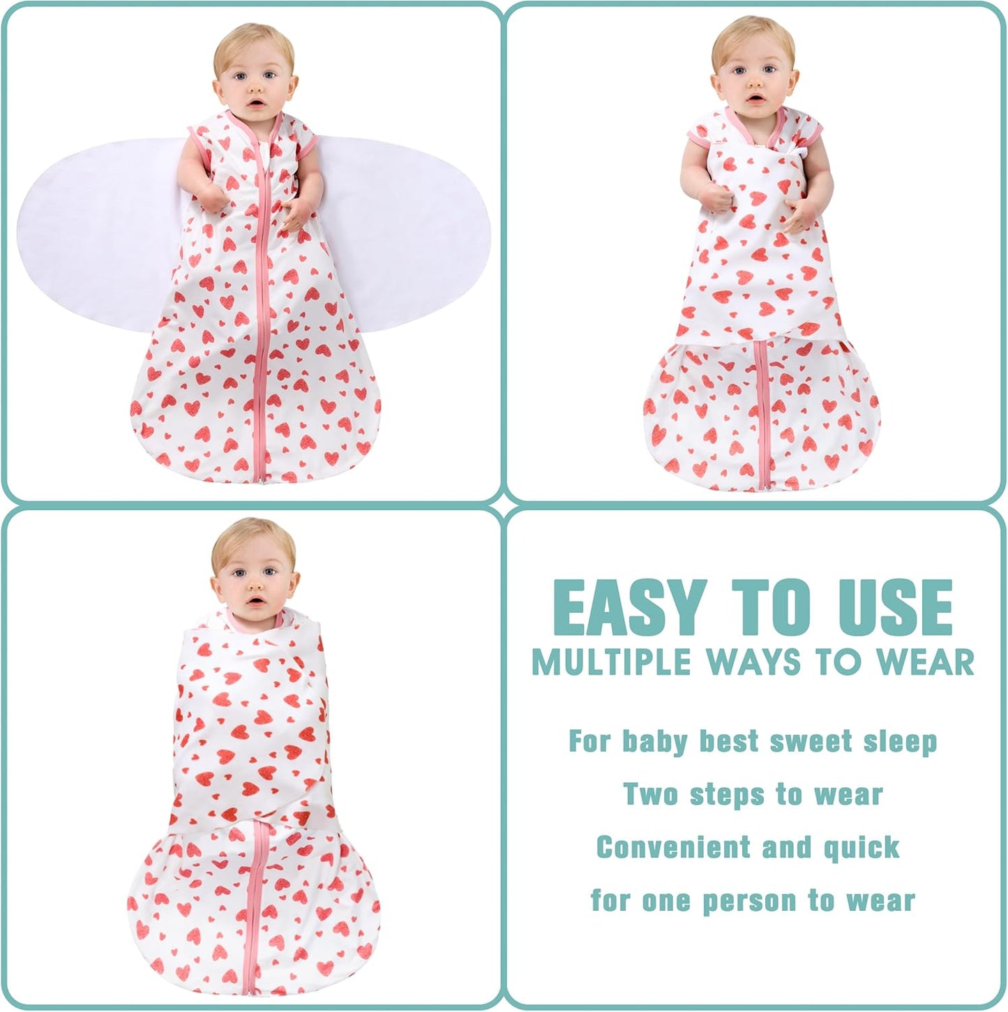 Newborn Sleep Sack Baby Swaddle,Swaddle me 6-12 Month,3-Way Adjustable Wearable Blanket,100% Rayon Cotton Swaddling Sleeping Bag，TOG 0.5 (Love, 6-12 Months)