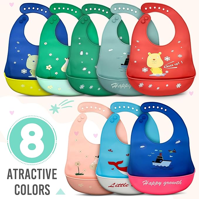 Silicone Baby Bibs Unisex, Self-Feeding, Catch-all Large Pocket, 6-48 months, BPA-Phthalate Free, w/Travel Case