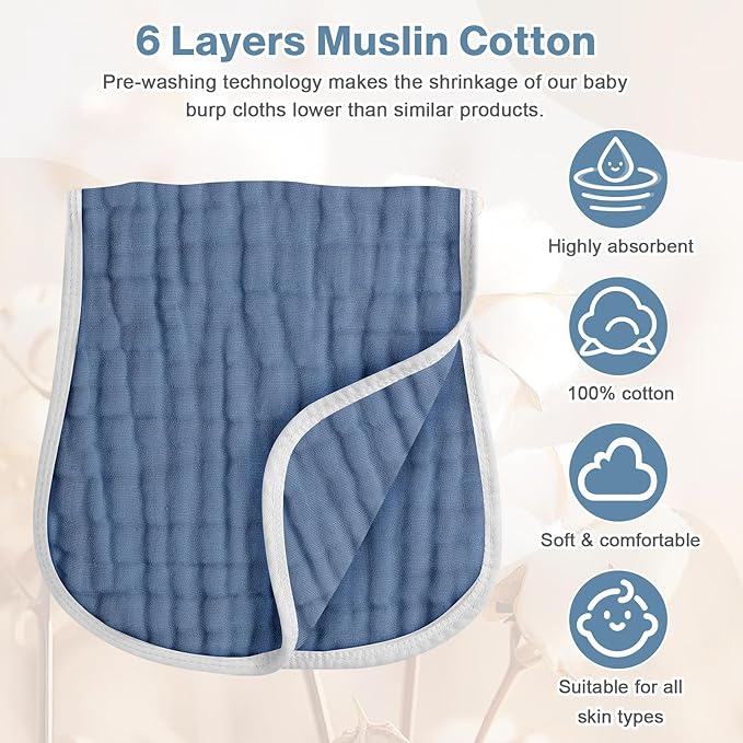 MUKIN Baby Muslin Burp Cloth Set of 6, Ultra Soft Absorbent Thick Cotton Burping Cloths for Unisex Newborn Babies, 20'' by 10'' Neutral Milk Spit Up Rags Boys Girls - Baby Must Haves. (Gradient Blue)