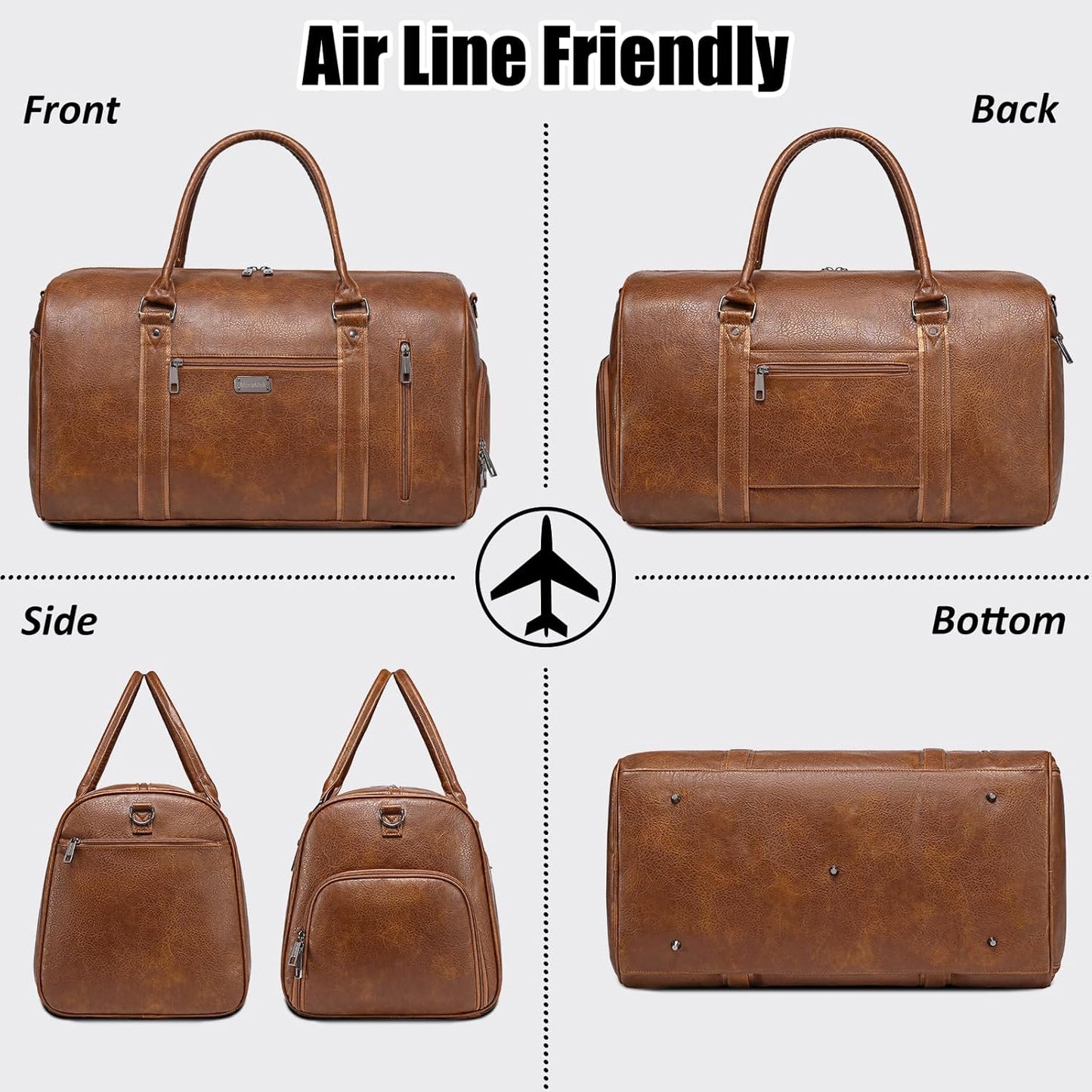 Large Leather Duffel Bag for Travel, Weekender Bag for Men or Women with Shoe Compartment, Waterproof Carry On Bag with Toiletry Bag, Travel Tote Bag with Luggage Strap (Brown)