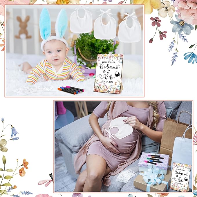 Newwiee 55 Pcs White Bibs for Baby Decorating Design a Bib Decorate Plain newborns Bibs Wooden Sign for Baby Shower Games Kit