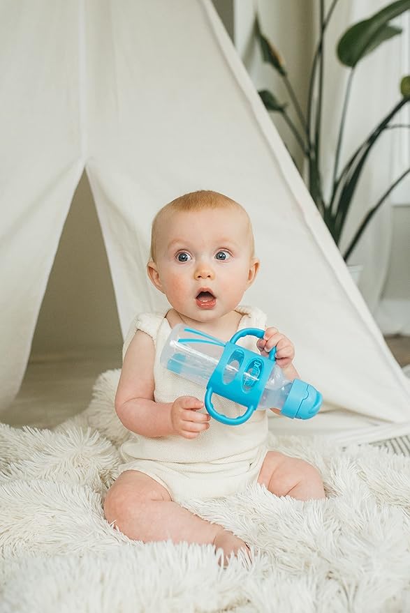 Dr. Brown's Milestones Narrow Sippy Straw Bottle, Spill-Proof with 100% Silicone Handles and Weighted Straw, 8 oz/250 mL, Blue, 6m+