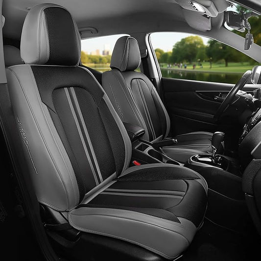 FREESOO Front Seats 2PCS Leather Car Seat Covers, Ultra Breathable Waterproof Seat Covers for Cars Trucks SUV, Carseat Protector Car Seat Cover Fit for Most Vehicles, Black Gray