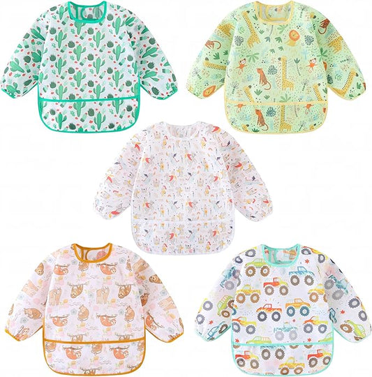 Long Sleeved Bibs, Pack of 5,Lightweight Waterproof Shirt Bibs for Baby Toddler 6-30 Months