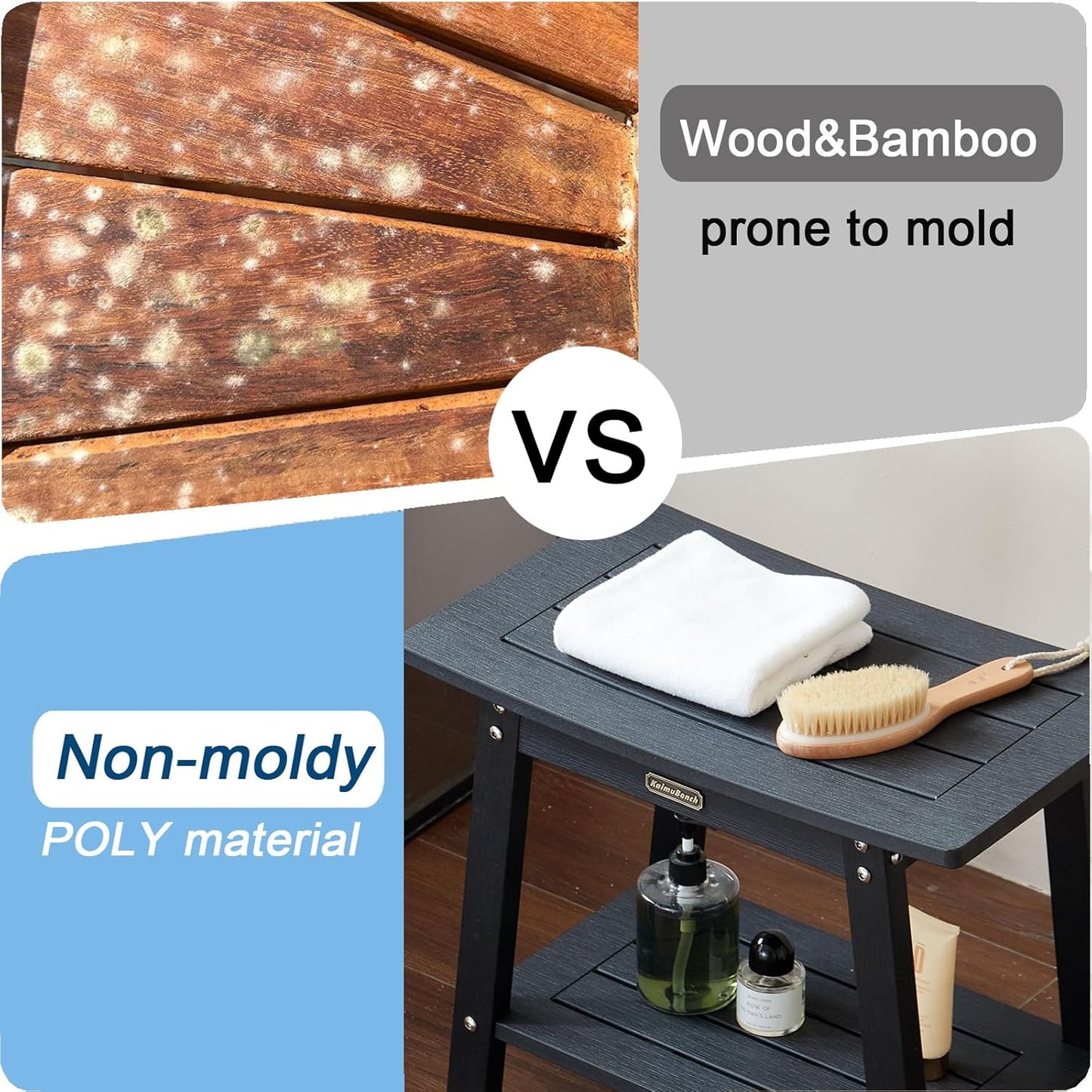 Large HDPS Shower Stool, Shower Bench for Inside to Sit On, Waterproof Bathroom Chair Seat for Shaving Legs, Foot Rest Stool with Storage Shelf, Non-Slip & No Maintenance, Black