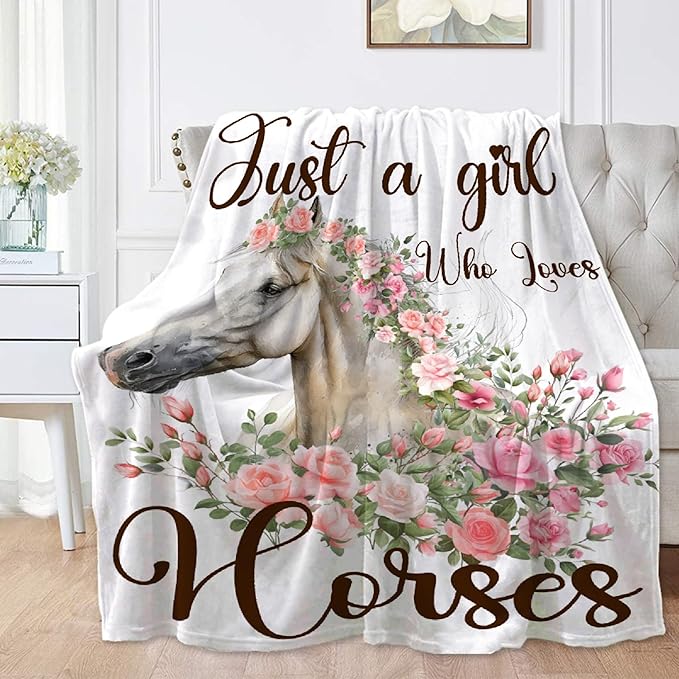 Just A Girl Who Loves Horses Blanket for Baby Girls Flowers Animals Throw Blanket for Boys, Lightweight Cute Horse Soft Flannel Blankets for Kids Gifts, 30x40 Inches